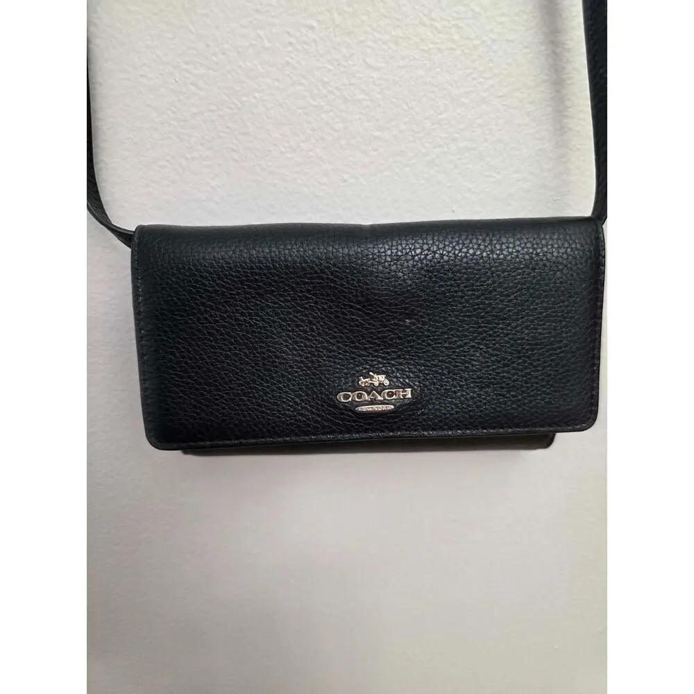 Black Crossgrain Leather Wallet Crossbody Clutch Purse Gold Hardware